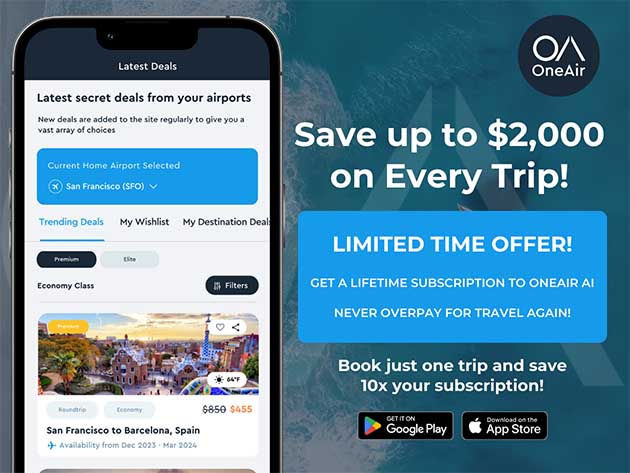 OneAir Elite Plan: Lifetime Subscription (Save on Business, First, Premium Class Flights, Hotels & More!)