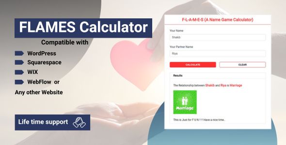 FLAMES Calculator – (Name Gamer Calculator) for WordPress, Wix, Squarespace & Webflow Website.